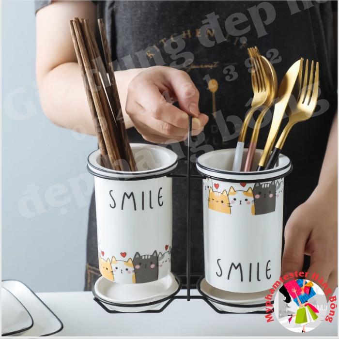Bộ ống đựng đũa sứ đựng đũa, thìa, muỗng cao cấp kèm khung thép xuất Nhật
