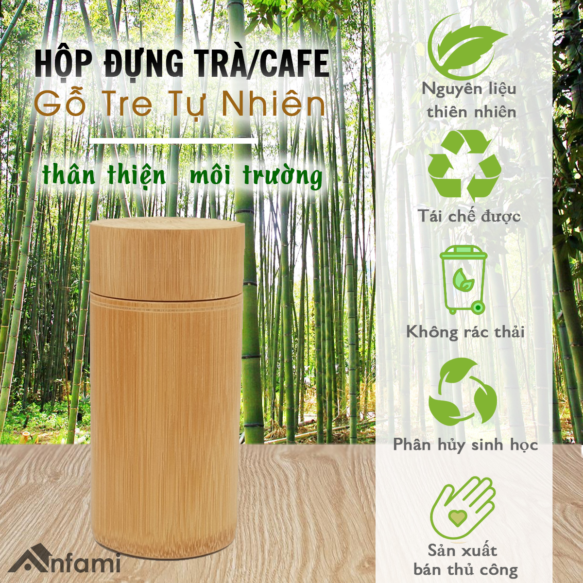 Hộp Đựng Trà (Cafe) Bằng Gỗ Tre Tự Nhiên Thân Trơn (AN02), Hộp Trà Gỗ Thân Thiện Môi Trường