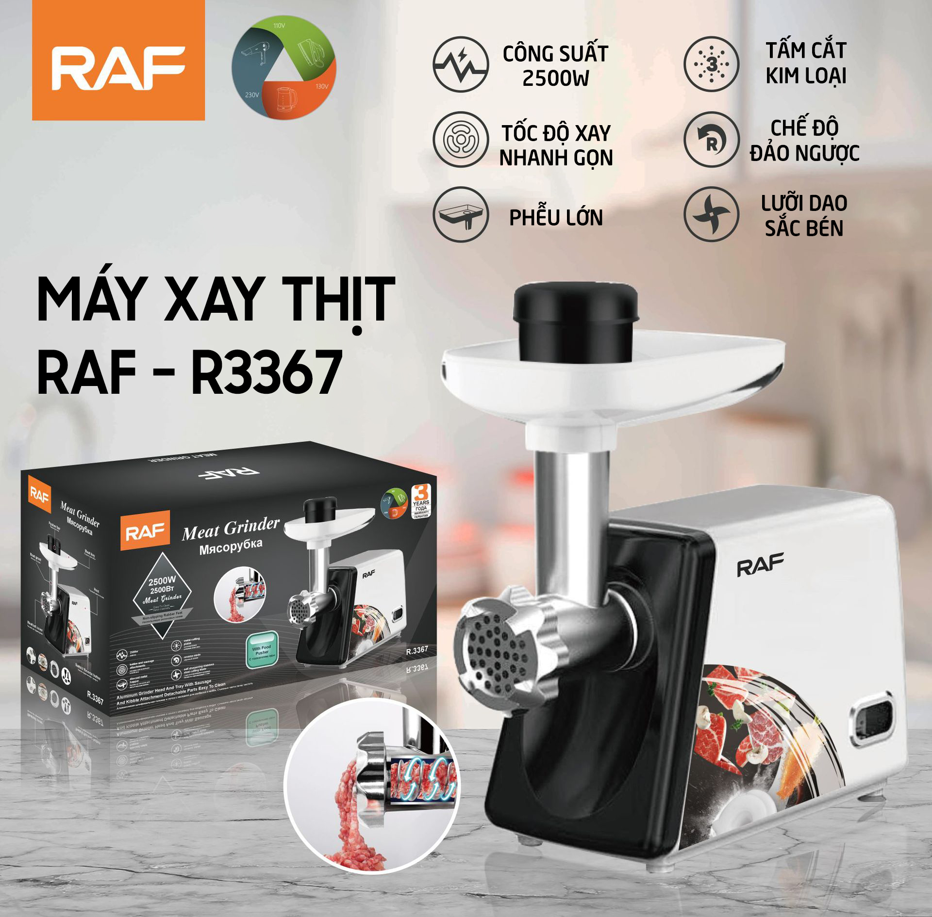 Máy xay thịt RAF-R3367, động cơ siêu khỏe, lưỡi dao sắc bén-  K1632