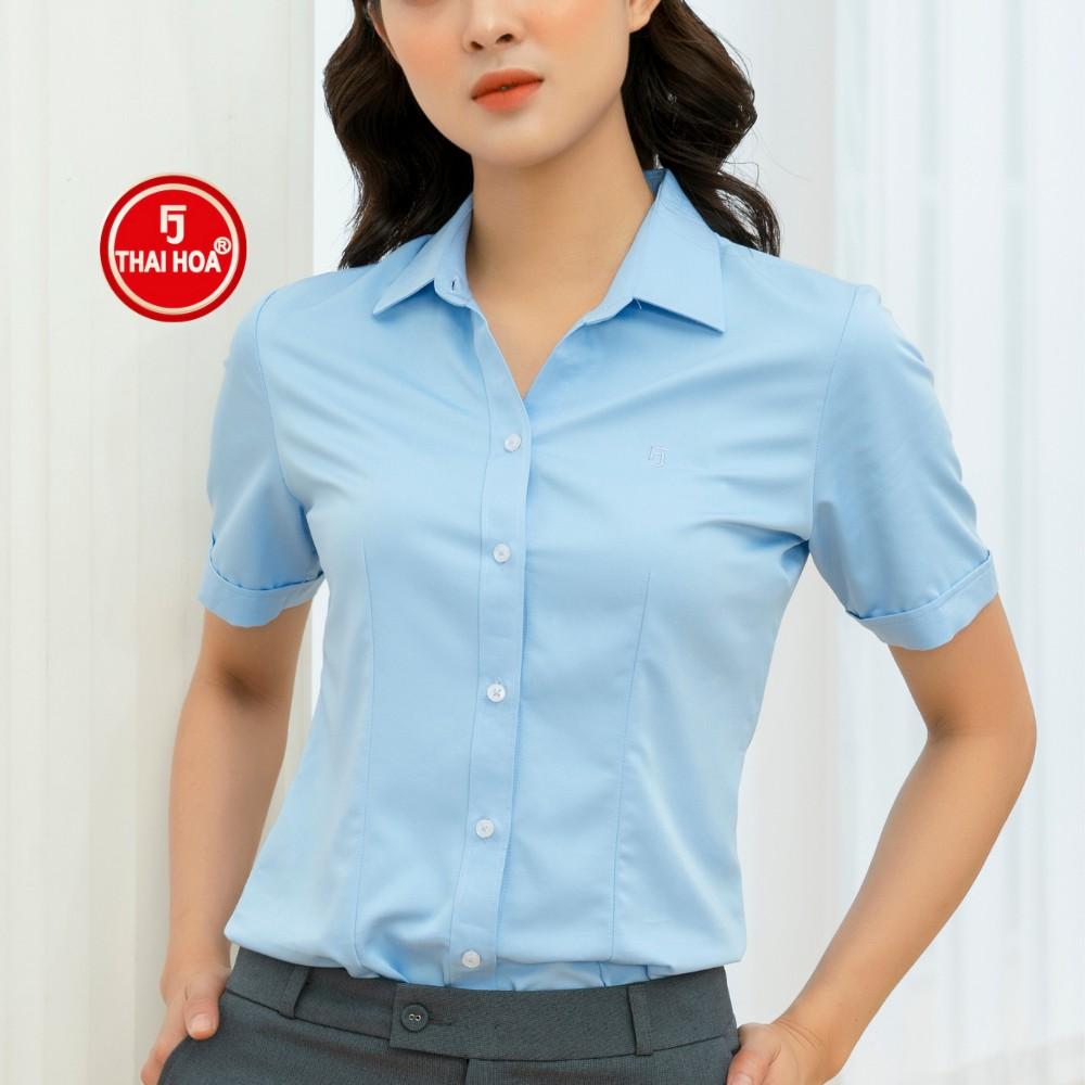 Áo sơ mi nữ Thái Hòa vải cotton thoáng mát màu xanh dương N047-06-01