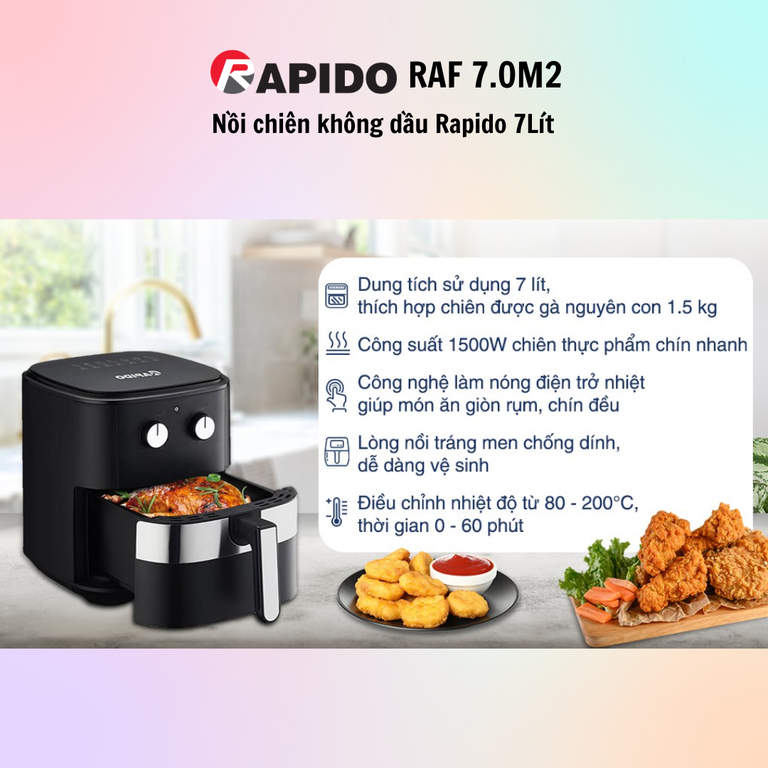 Nồi chiên không dầu Rapido RAF-7.0M 7 lít - Hàng Chính Hãng - Bảo Hành 12 Tháng