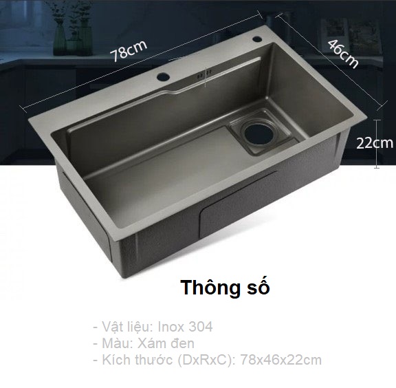 Chậu rửa chén inox 304 màu xám đen 1 ngăn rộng rãi