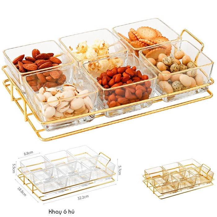 Khay đựng bánh kẹo tết hộp đựng mứt tết kệ đựng hoa quả thủy tinh 6 ngăn cao cấp