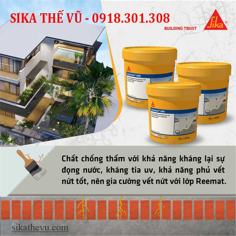 Chống thấm không cần đục gạch, chống thấm sân thượng, sàn mái lộ thiên - Sikalastic 590 (thùng 20kg)