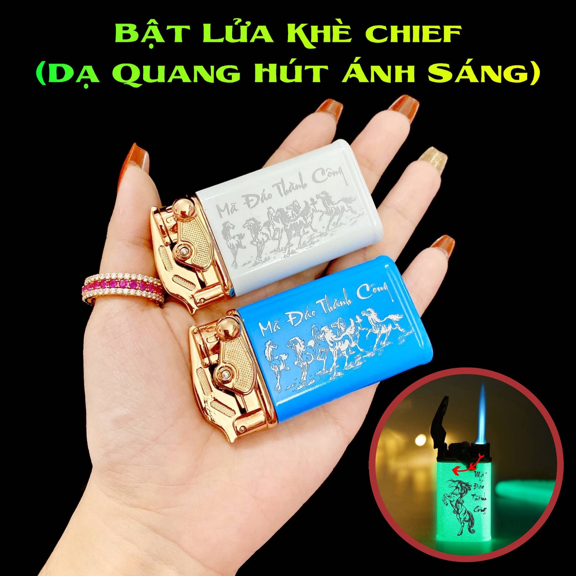 Hộp quẹt bật lửa khè Chief búng tay đánh lửa dạ quang hút ánh sáng hình mã đáo thành công - (xài gas)