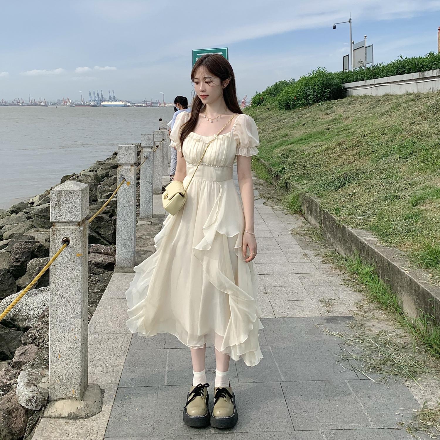 SHUANGYAN Phong cách Pháp cổ vuông nhẹ nhàng Fairy Wind Dress cho phụ nữ mùa hè 2023 Thắt lưng cho phụ nữ