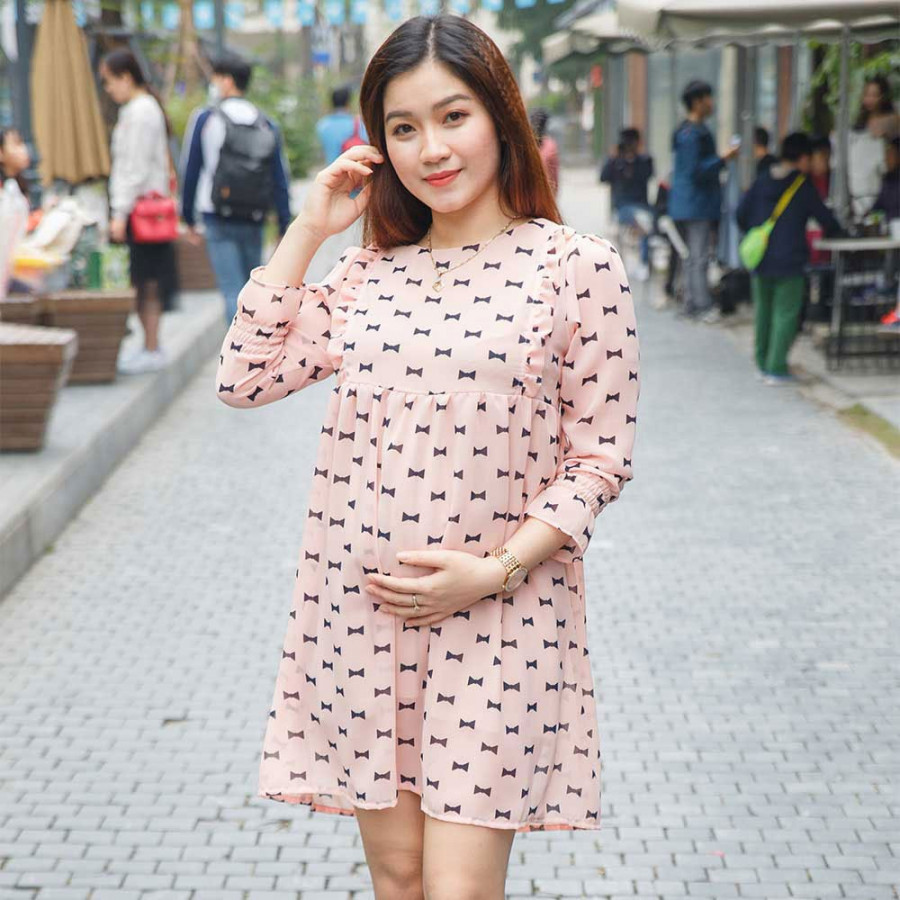 Đầm bầu thời trang chất voan 2 lớp