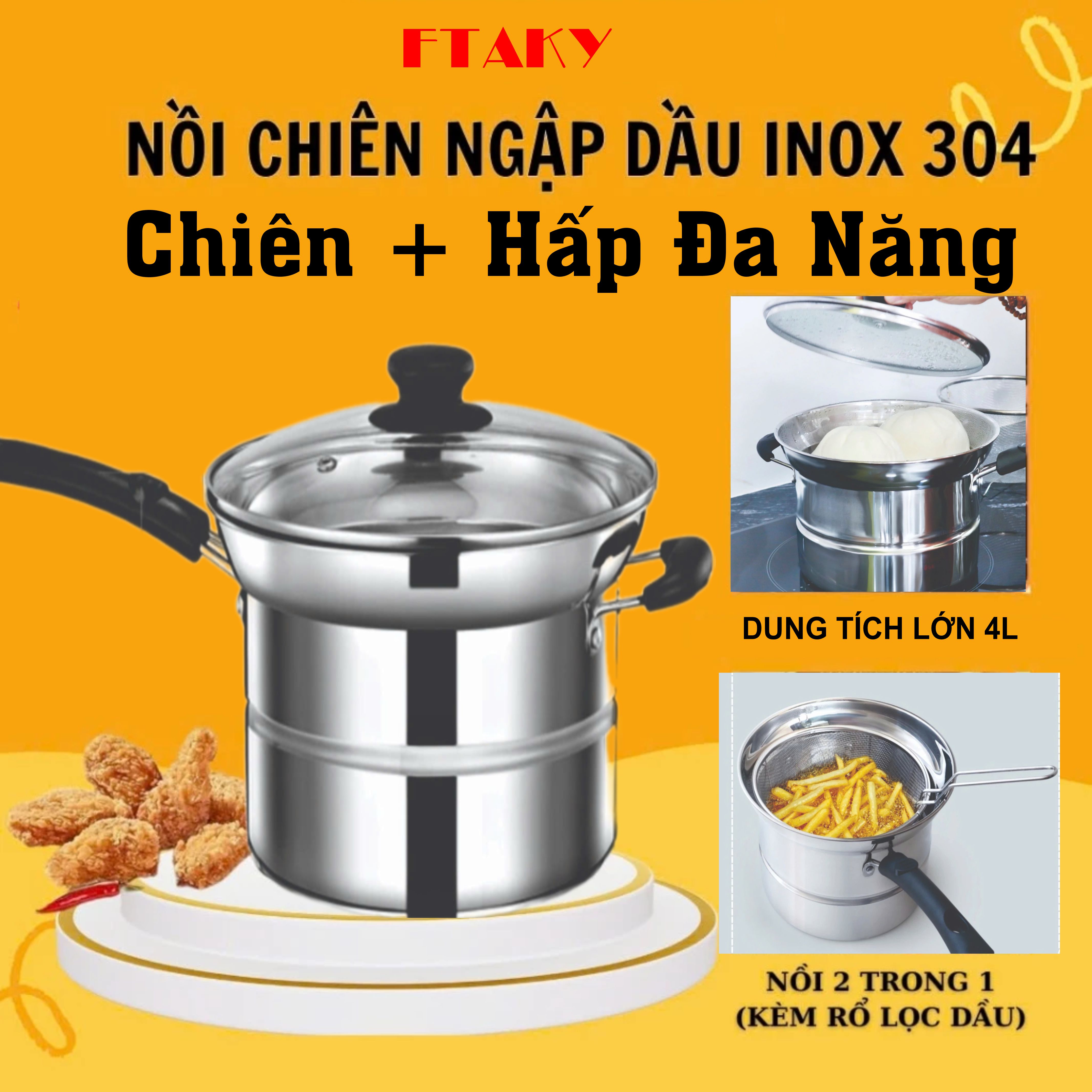 Set Combo Nồi Inox 304 Đa Năng Nồi Chiên Ngập Dầu Kết Hợp Hấp Đa Năng Có Xửng Hấp Và Giá Lọc Đi Kèm Dễ Dàng Sử Dụng