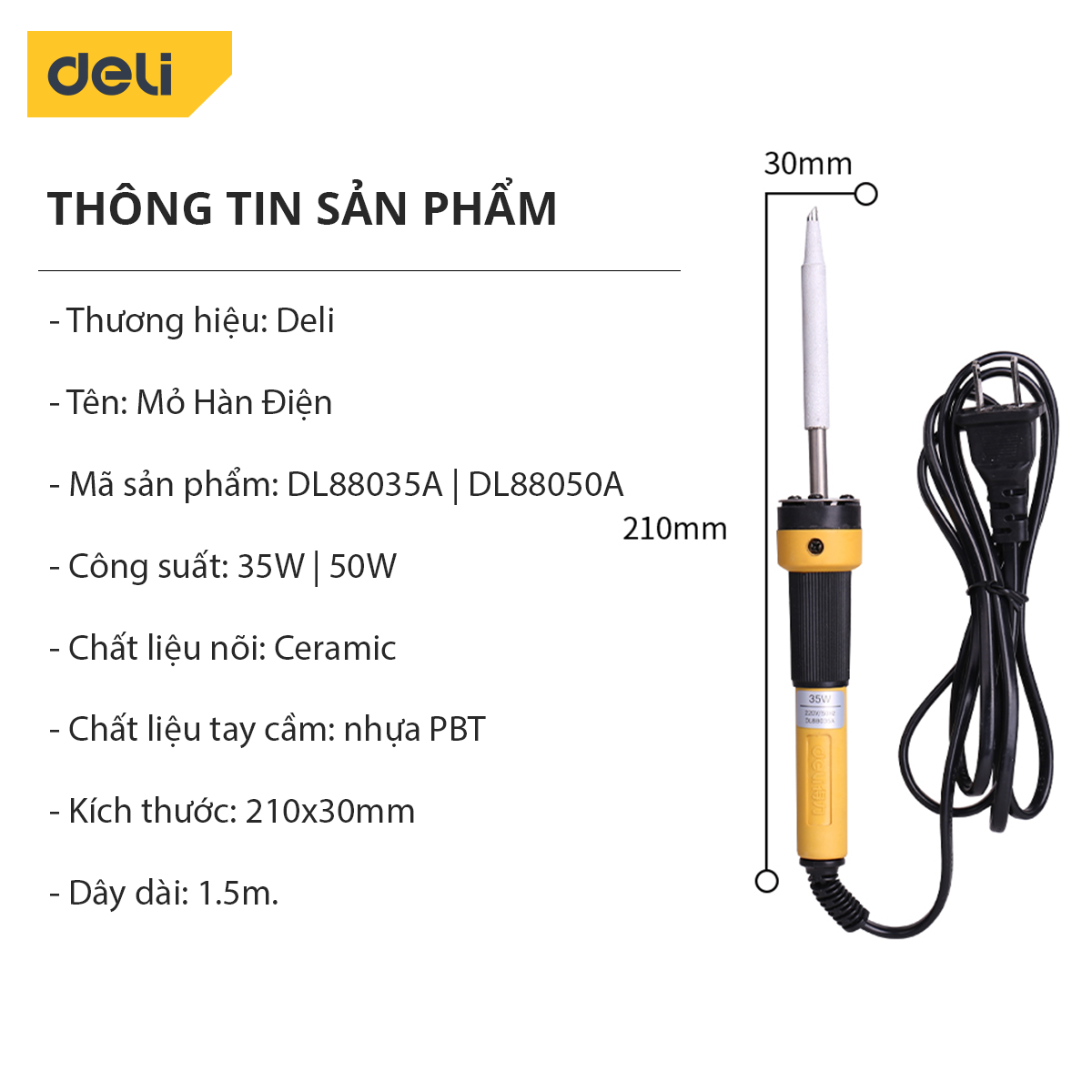 Mỏ Hàn Điện Deli Công Suất 35W/50W Lõi Làm Nóng Ceramic - Tay Cầm Chống Trơn Trượt - Chất Liệu Cao Cấp, An Toàn Sử Dụng