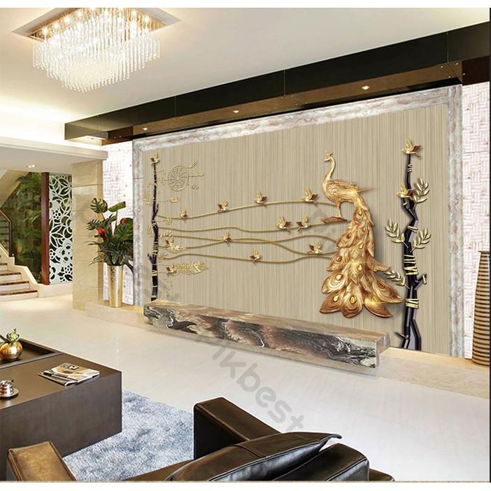 Tranh dán tường Phong cảnh chim công vàng sang trọng, Tranh 3d dán tường hiện đại MS792524