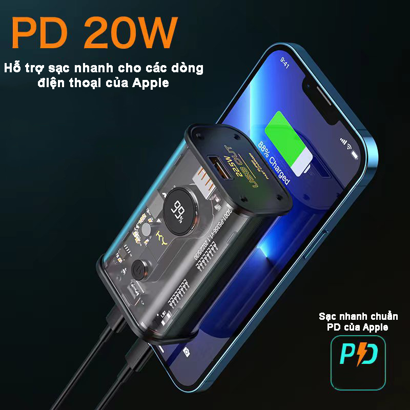 Sạc dự phòng trong suốt Ky 10000mAh hỗ trợ sạc nhanh PD20W QC22.5W tích hợp màn hình led thông minh hiển thị dung lượng pin