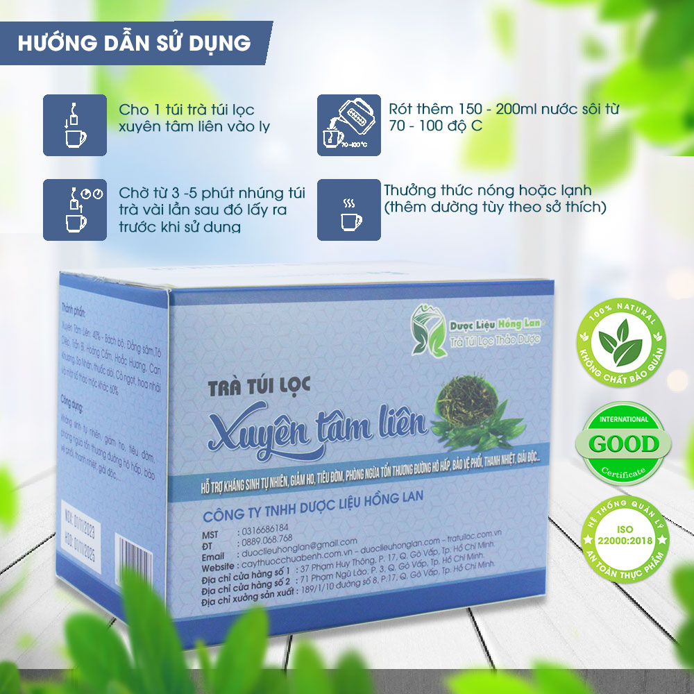 Trà Xuyên Tâm Liên túi lọc hộp 60g Cty Dược Liệu Hồng Lan - Giúp giảm ho, tiêu đờm, phòng ngừa tổn thương đường hô hấp, bảo vệ phổi, thanh nhiệt, giải độc…
