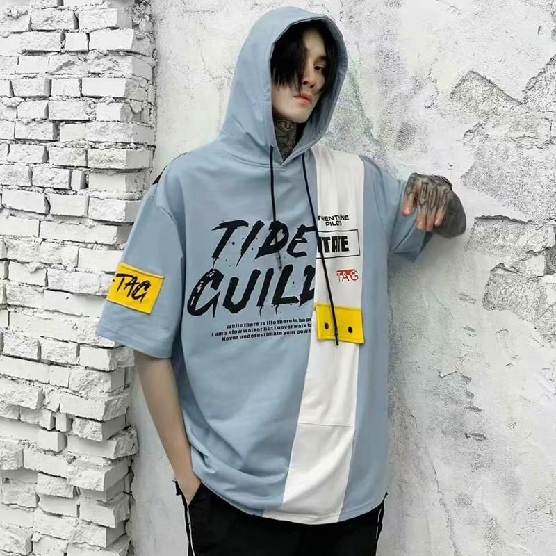 Spot real shot new summer European and American style men's urban fashion cool wild loose comfortable oblique pockets color matching design casual short sleeve hoodie