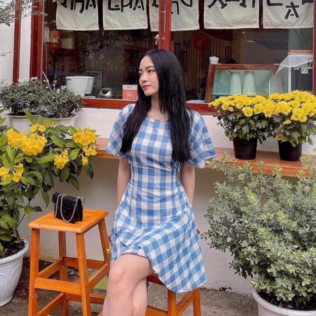 Đầm váy caro xanh tùng bèo