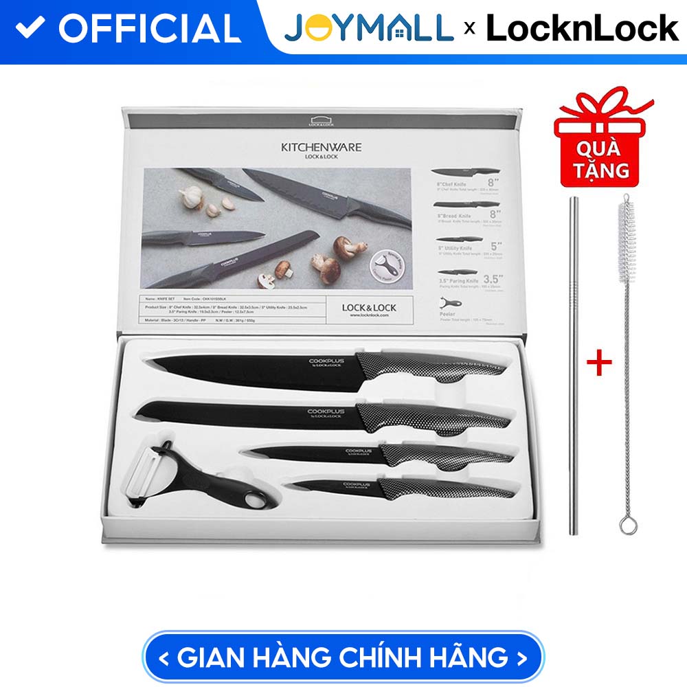 Bộ Dao Nhà Bếp 5 Món Và 6 Món Cookplus Lock&Lock CKK101S5BLK CKK101S01 - Hàng Chính Hãng Tặng Combo Ống Hút + Cọ Rửa