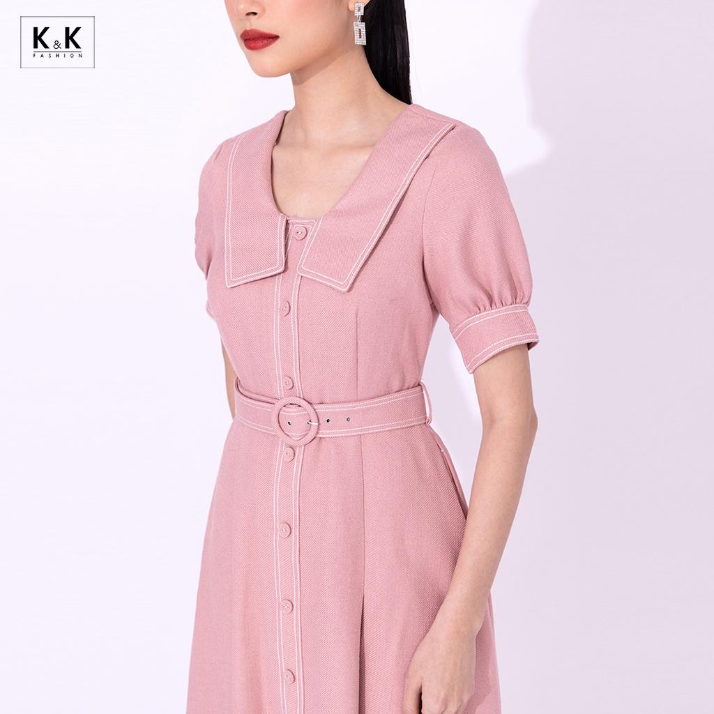 Đầm Công Sở Dáng Xòe Phối Đai Eo K&amp;K Fashion KK115-31 Chất Liệu Cotton Chéo