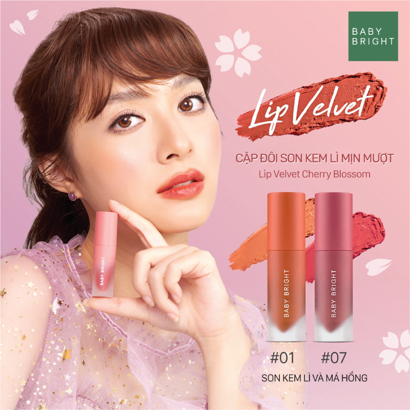 Son kem và má hồng Baby Bright Lip &amp; Cheek Velvet Cherry Blossom 2.4g