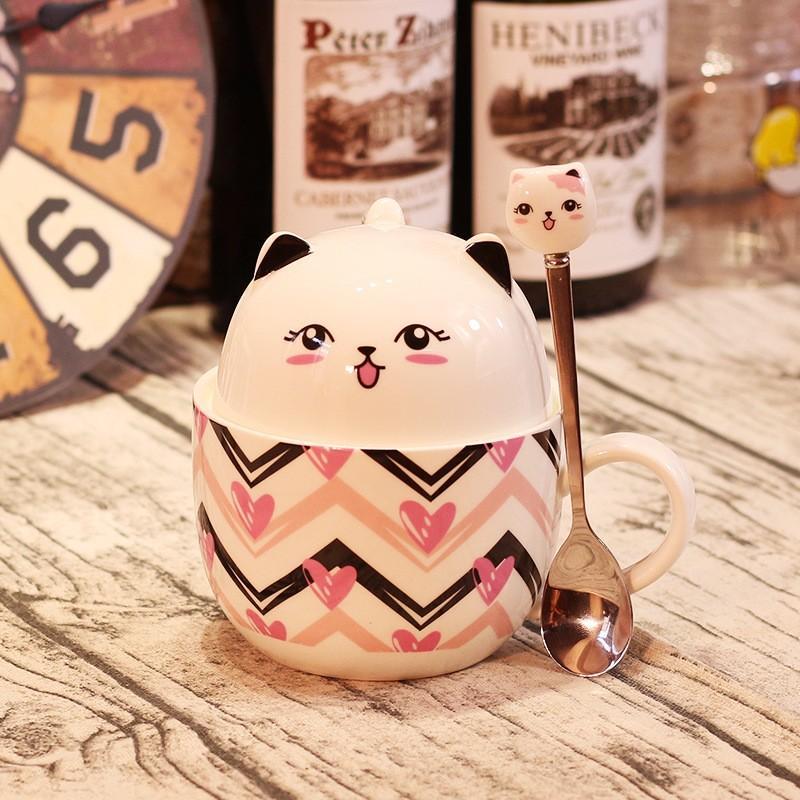 Ly Uống Nước Dễ Thương Hình Chú Mèo Có Tai Cute - Cốc Sứ 2 Công Dụng Có Nắp Và Thìa 400ml