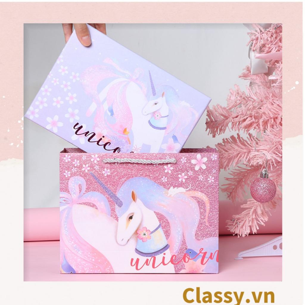 Túi giấy hoặc Hộp quà giấy cứng Làm quà tặng hoạ tiết chú Kỳ Lân màu hồng siêu dễ thương phong cách châu Âu Q974