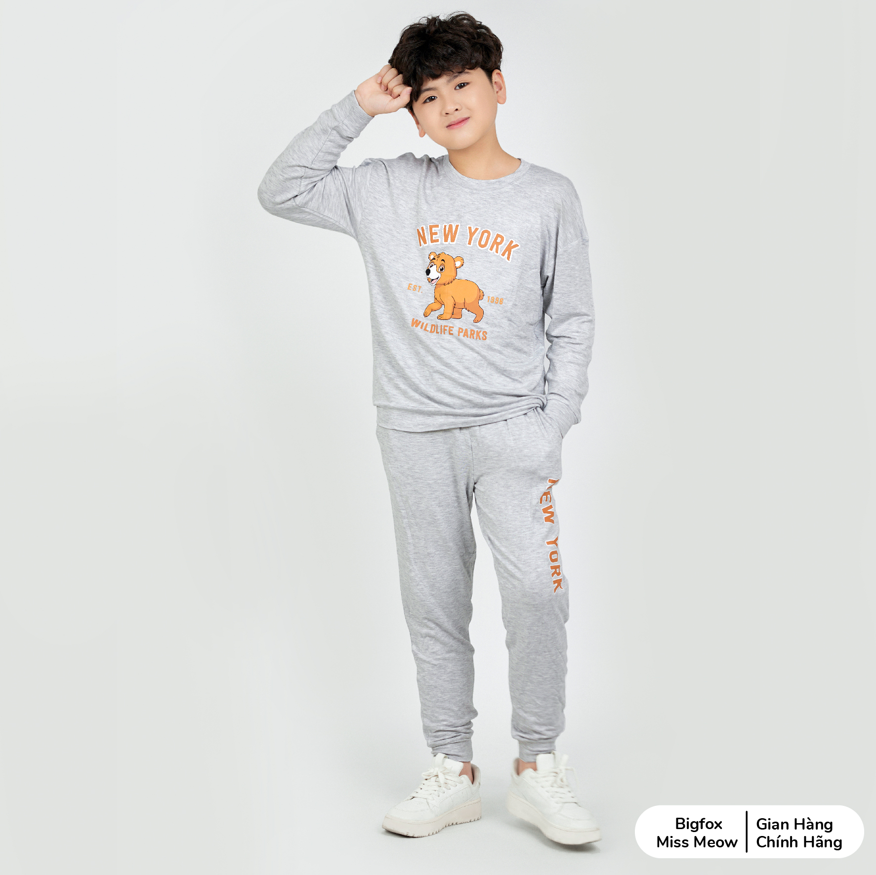 Bộ nỉ dài tay bé trai Bigfox Miss Meow mùa thu đông phong cách Hàn Quốc, size đại trẻ em 3,5,9,11 tuổi 40kg