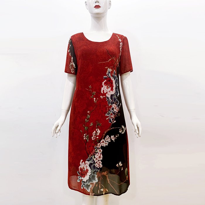 GOTI - Đầm Trung Nên Kiểu Đầm Suông Voan Chữ A In Hoa Cho Người Mập 45-78kg Dành Tặng Mẹ U50 U60 3226