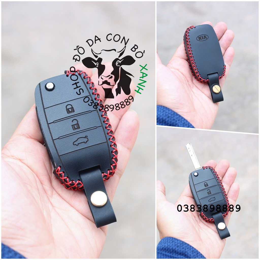 Bao da dành cho chìa khóa gập Kia Morning, Cerato, K3, Rondo, Rio, Soluto, Seltos, Sorento, Sportage handmade da thật 005