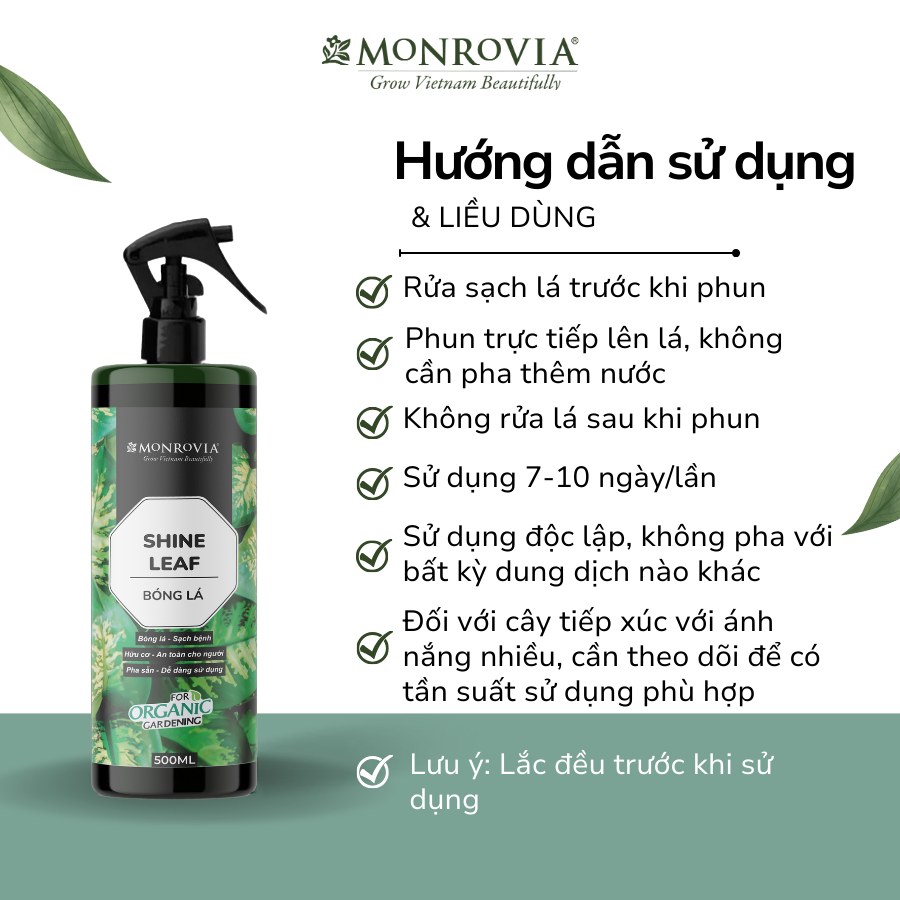 Hình ảnh Phân bón hữu cơ BÓNG LÁ MONROVIA pha sẵn giúp lá cây khỏe mạnh, xanh bóng, dành cho cây trồng dung tích 500ml