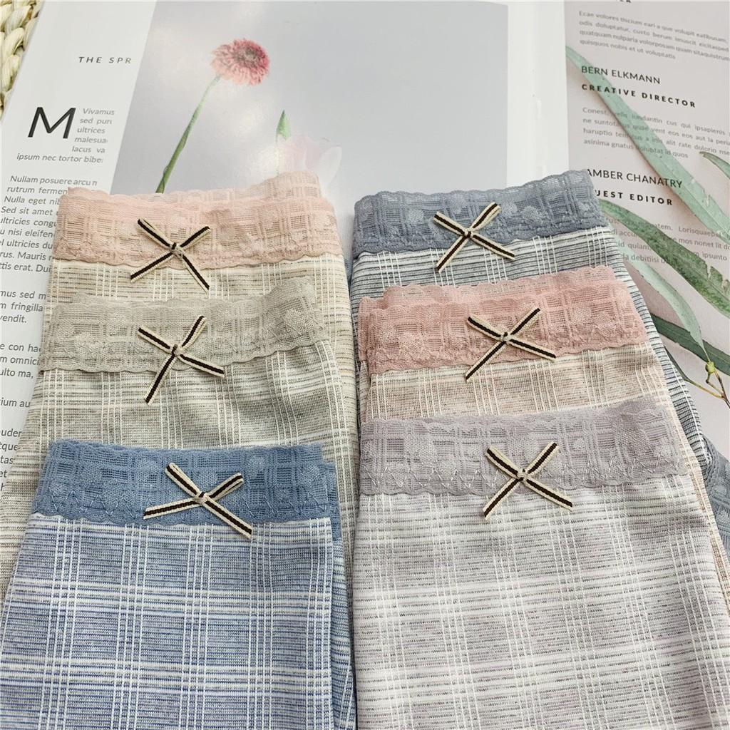 Quần lót cotton co giãn viền ren kẻ ngang đính nơ mềm mịn thoáng mát