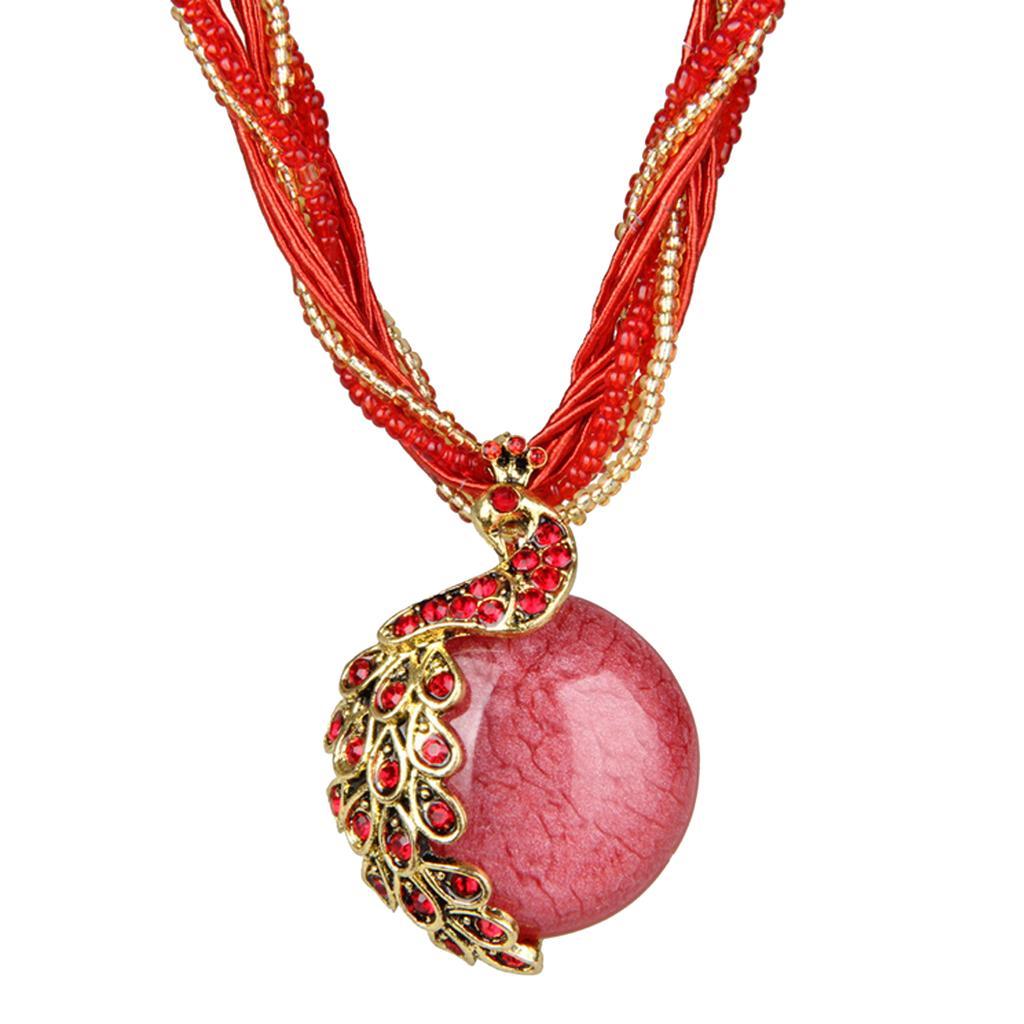 Bohemian Opal Necklace with Phoenix Peacock Pendant Jewel Accessory Red