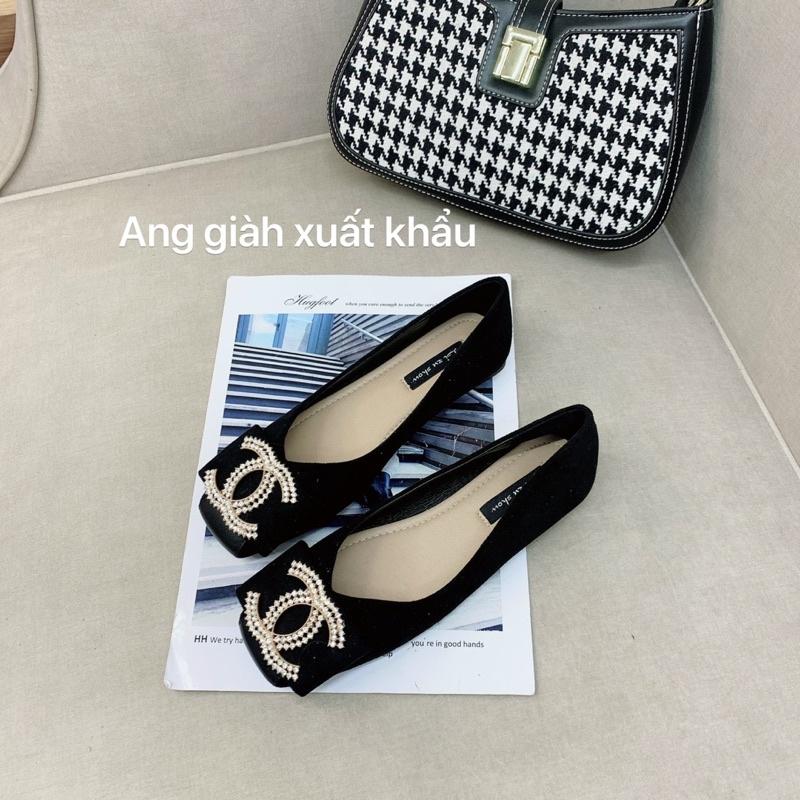 GB47 - Giày bệt mũi vuông da lì nơ đá chữ X đế mềm, dẻo