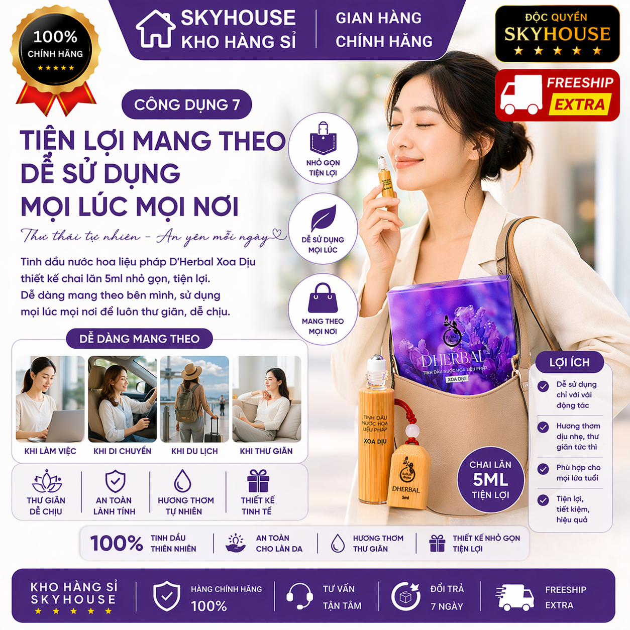 Tinh dầu nước hoa xoa dịu trị liệu DHERBAL độc quyền DAMODE chai 5ml tinh dầu nước hoa giảm stress chính hãng