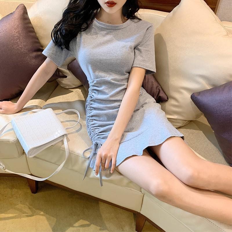 Đầm ngắn tay cổ tròn thiết kế rút dây thanh lịch cho nữ