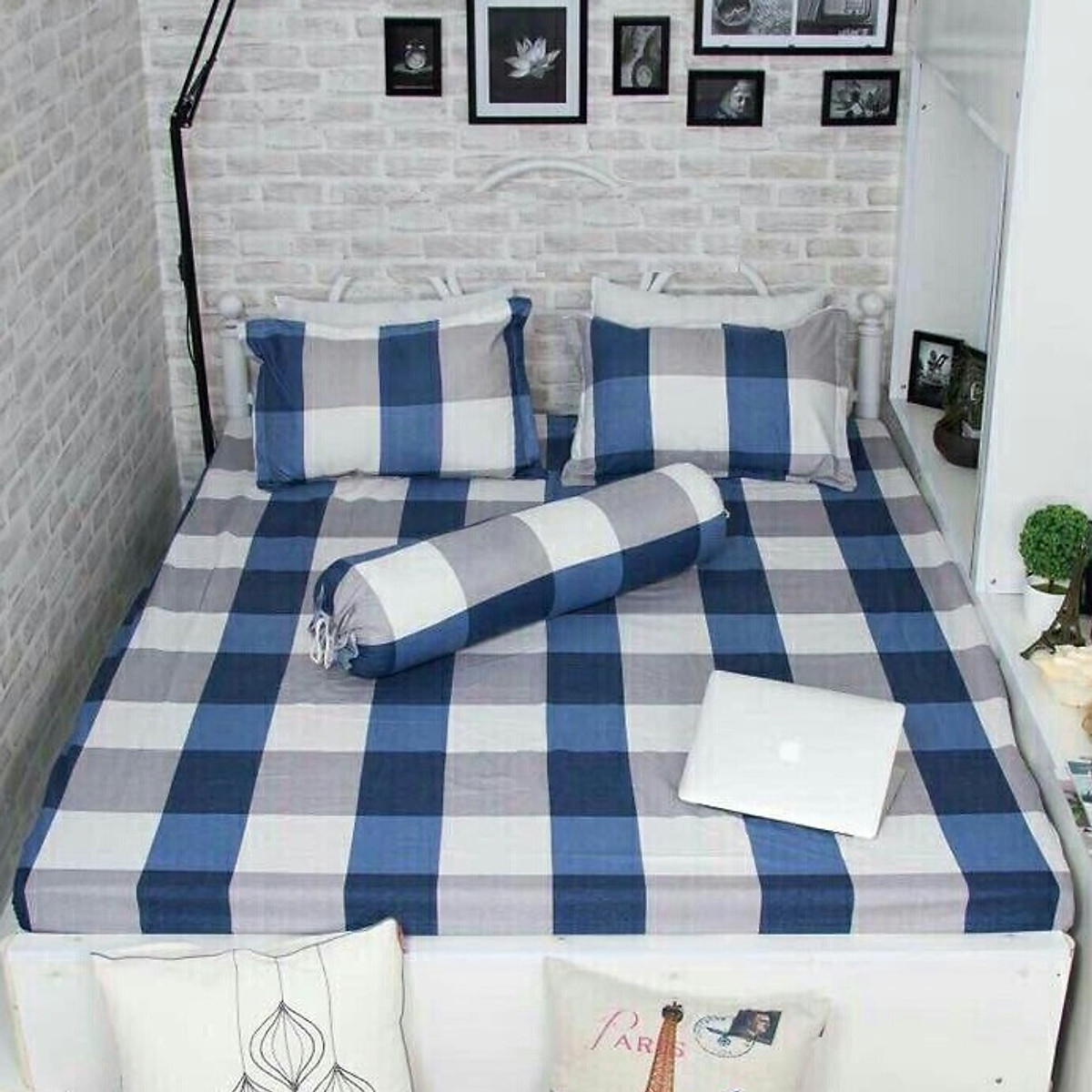 Set 4 món Ga gối Cotton Poly Kẻ Caro Diêm phong cách Hàn Quốc - Tặng 1 bàn chải Bossi