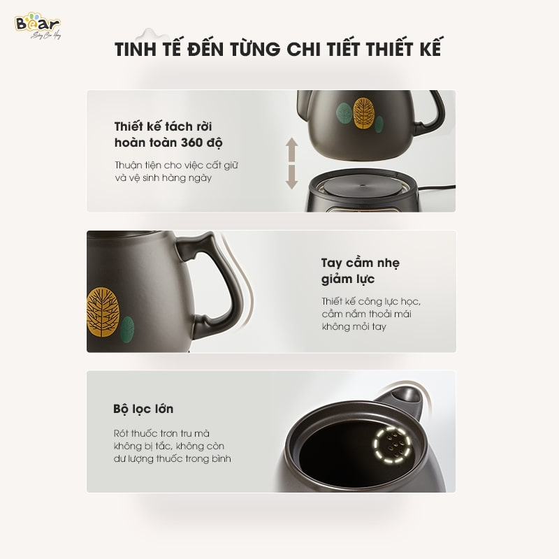 Ấm Sắc Thuốc Bear 3,5L SB-AST35 - Gốm sứ cao cấp, Đế giữ ấm, Hẹn giờ - Bản tiếng việt, Hàng chính hãng