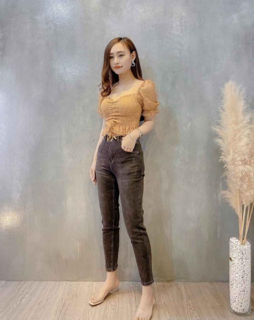 Quần Jeans Nữ Baggy Khói Xước Thêu Túi Cạp Cao