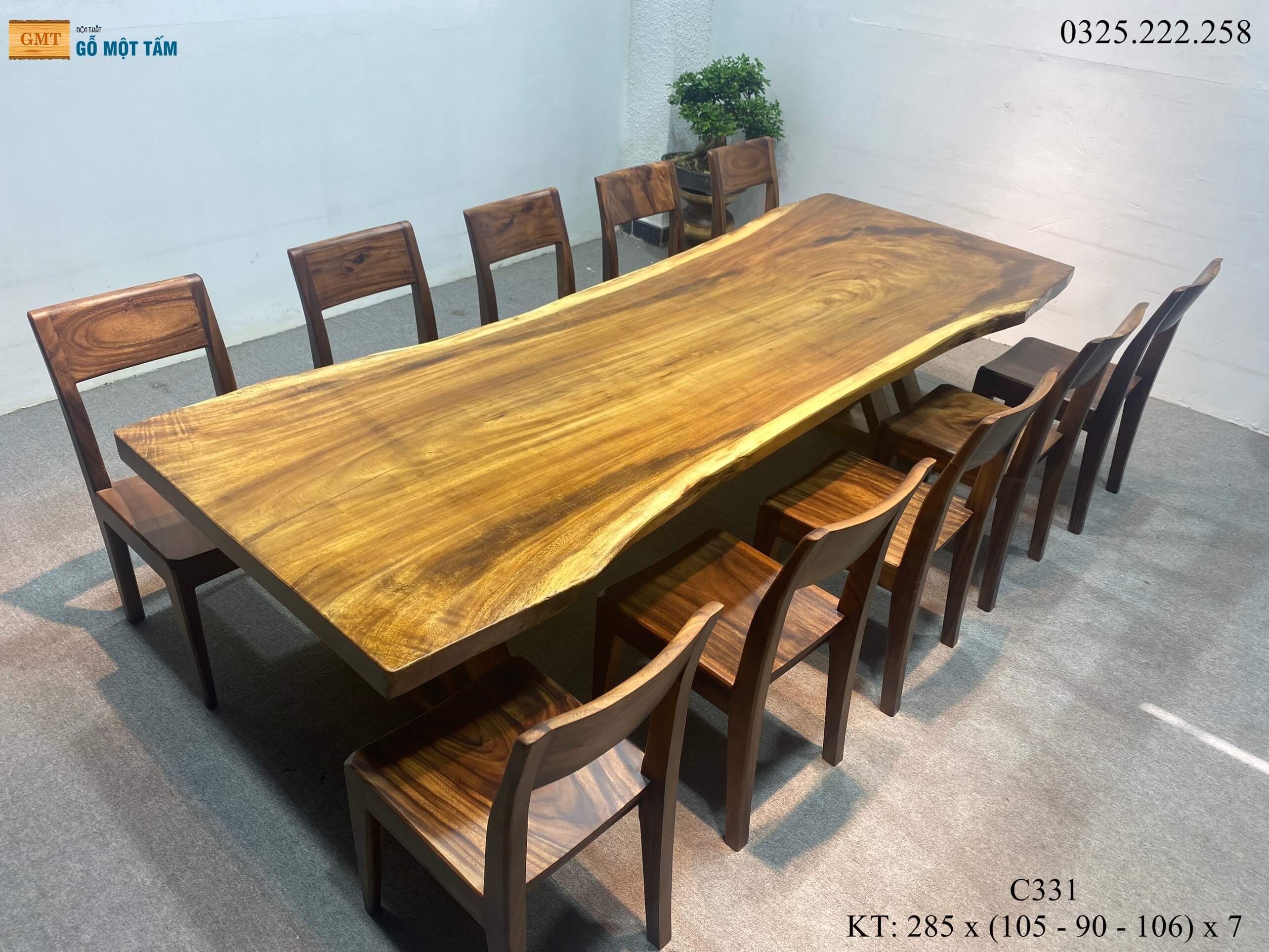 Bàn Sân Vườn Gỗ Me Tây, Bàn Ăn Gỗ Me Tây, Bàn Gỗ Me Tây Nguyên Tấm Dài 2,85m Rộng 1,06m Dày 7cm