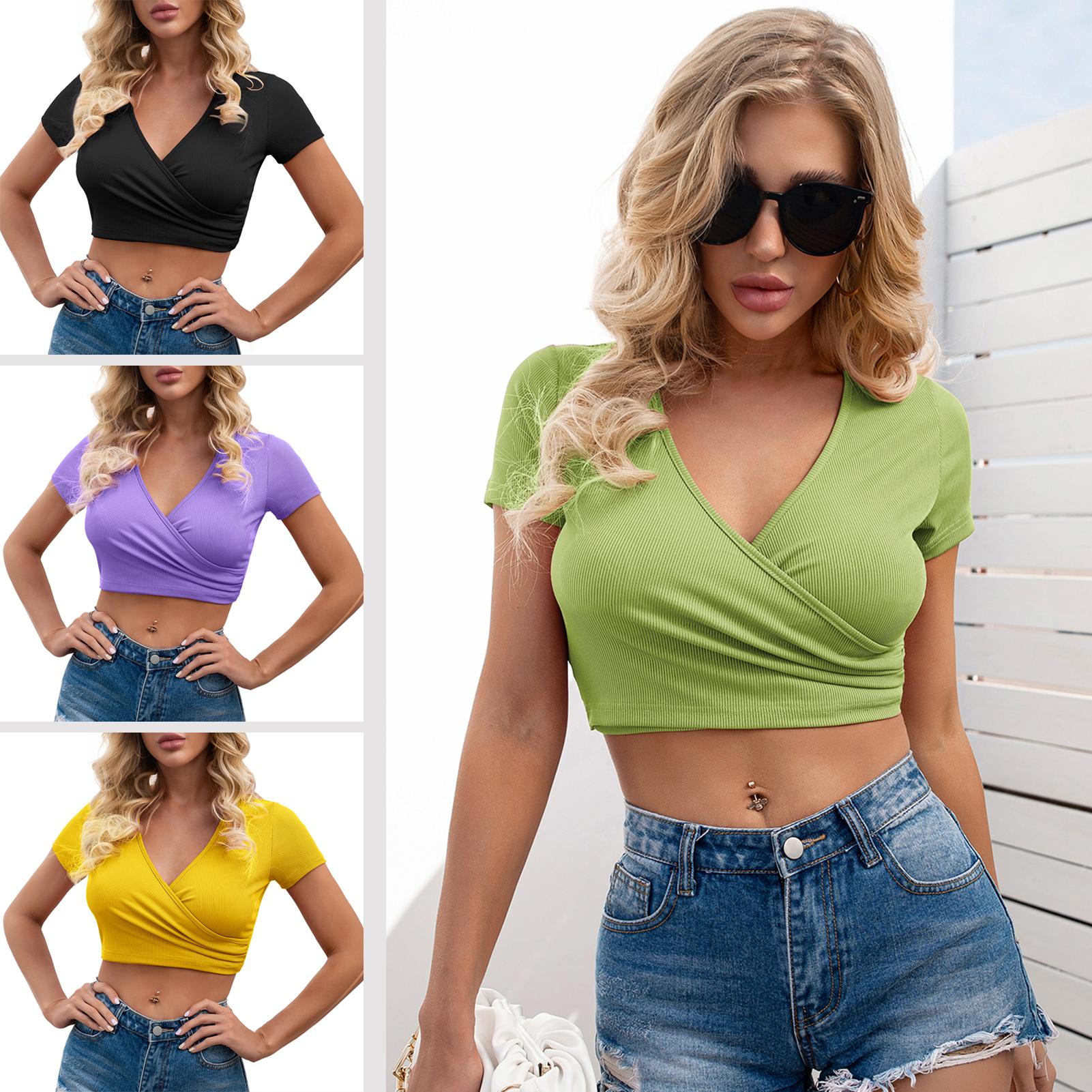 Women Cropped T-shirt V Neck Short Sleeve Wrapover Ribbed Knit Stretchy Crop Tops Casual Sexy Tee