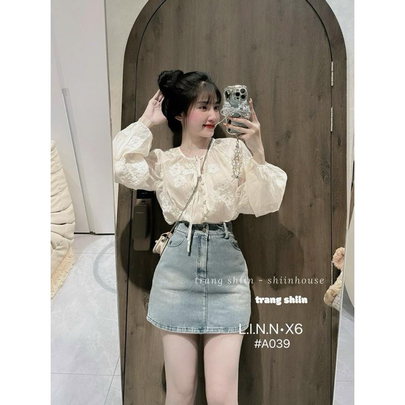 Set ren thêu hoa nổi chân váy bò tiểu thư  BY JOLIE