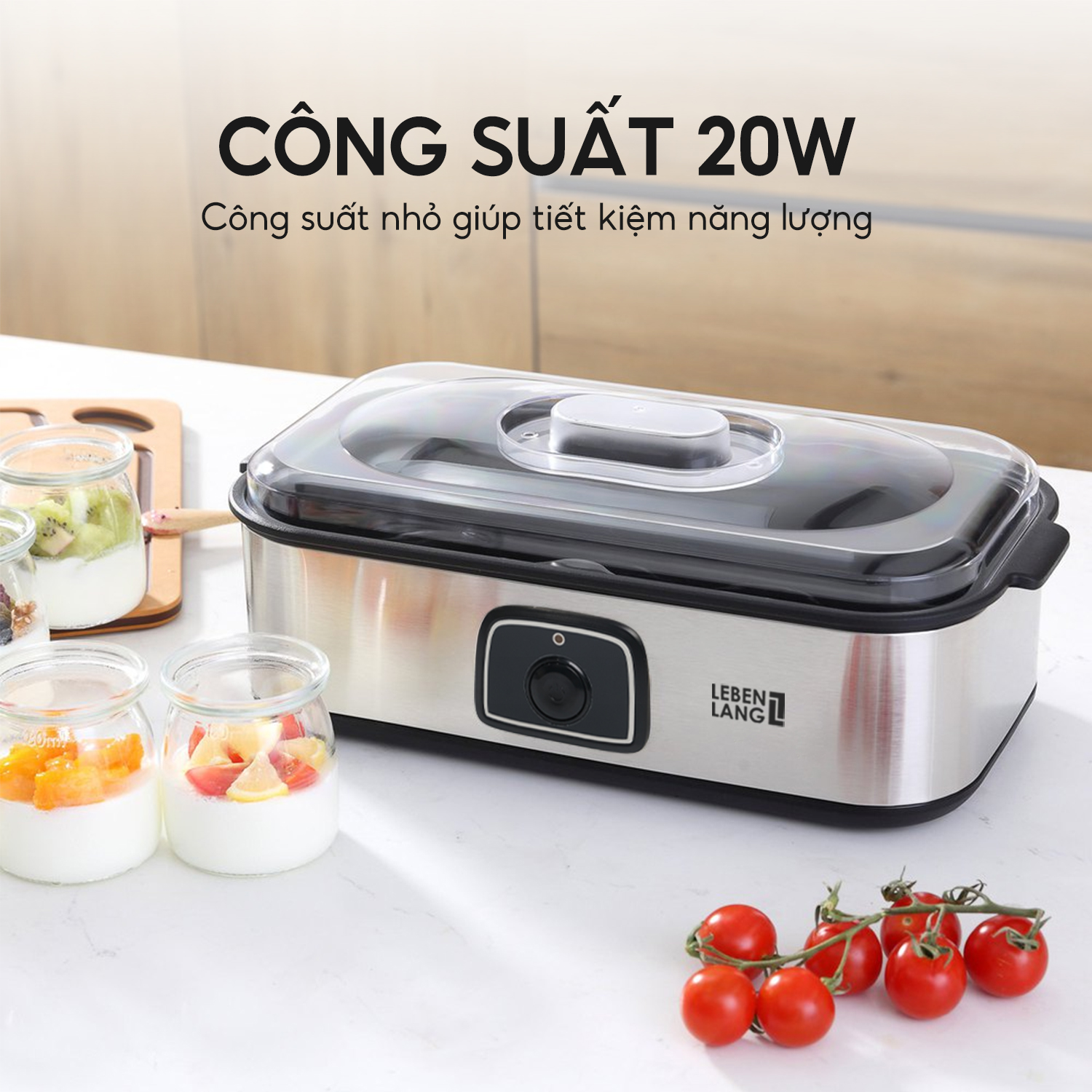 Máy làm sữa chua Lebenlang LBL9139, công suất 20W, dung tích 180ml, gồm 8 lọ thủy tinh, bảo hành 2 năm - hàng chính hãng