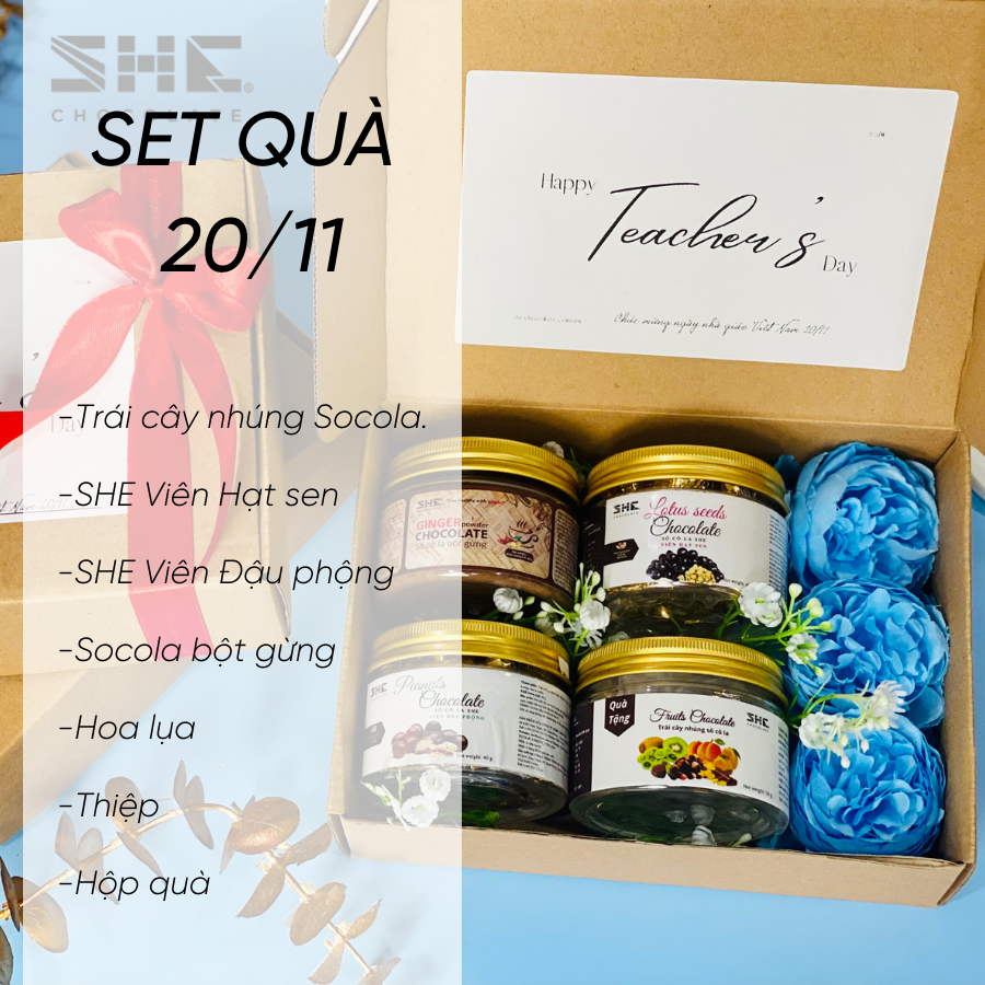 [Set 7 món 20.11] Quà tặng ý nghĩa 20.11 - SHE Chocolate. Socola, hoa lụa Xanh dương, thiệp Thank you. Quà tặng đặc biệt