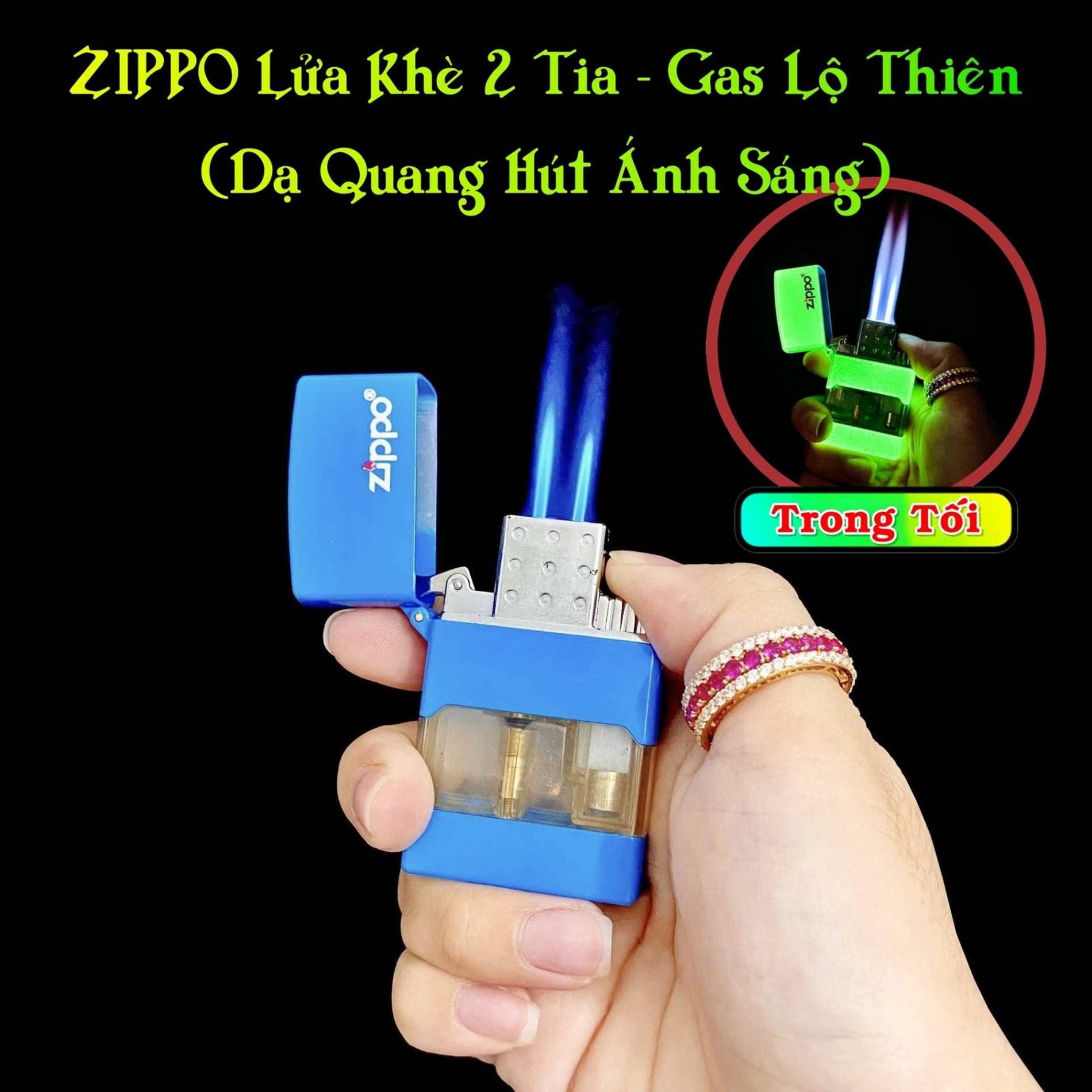 Hột Quẹt Bật Lửa khè 2 tia gas lộ thiên dạ quang ánh sáng - xài gas