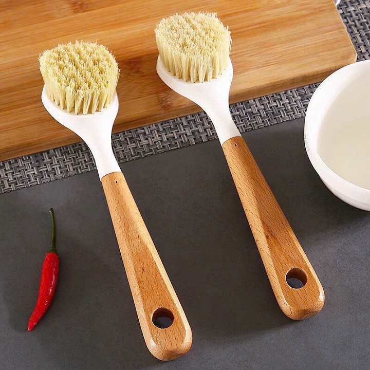 Bàn Chải Chà Xoong Nồi / Niêu / Chảo Đa Năng Cán Gỗ Có Móc Treo Tiện Lợi 25cm