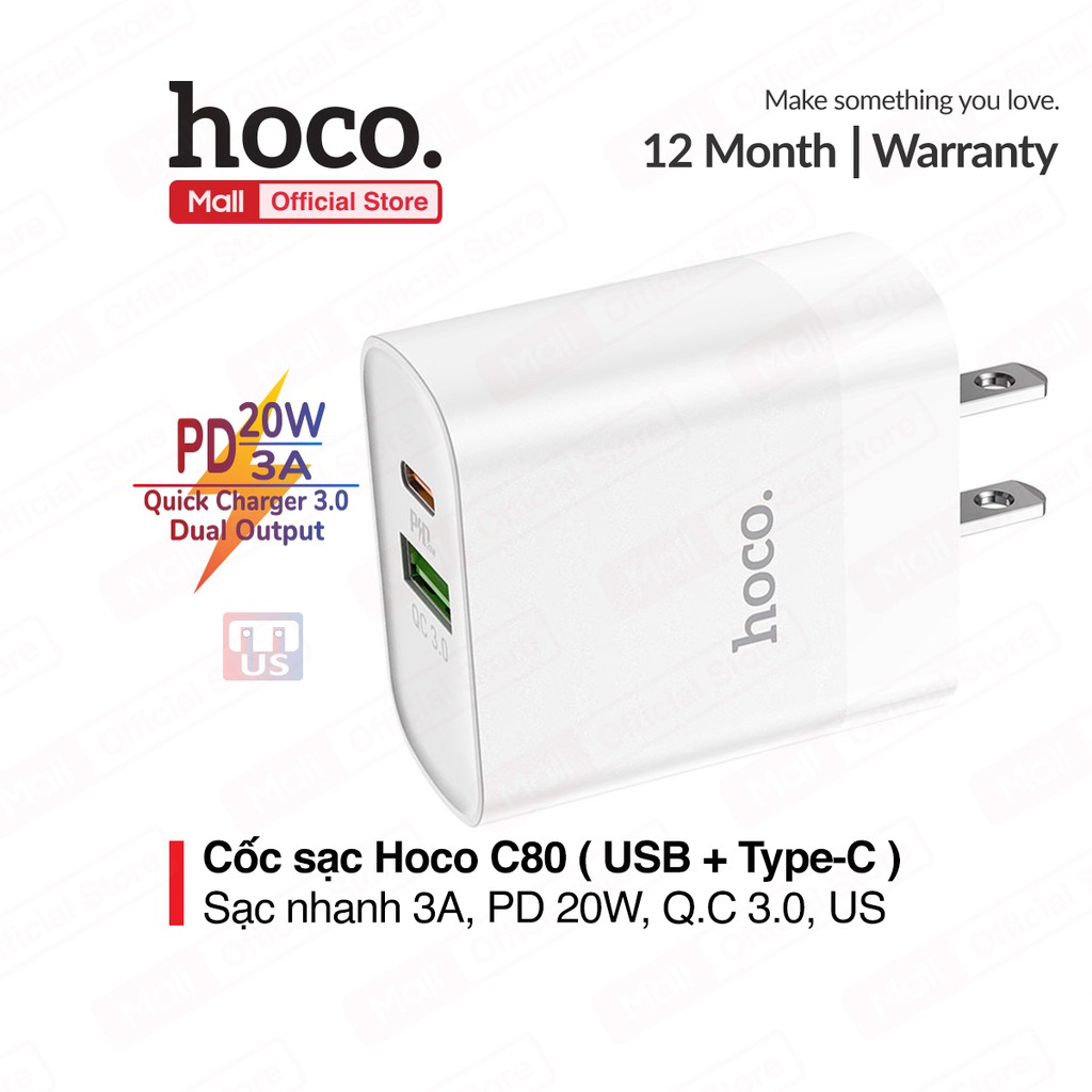 Củ Sạc Nhanh Cho Iphone Hoco C80 - Hỗ trợ sạc nhanh 20W PD QC3.0 - Hàng Chính Hãng