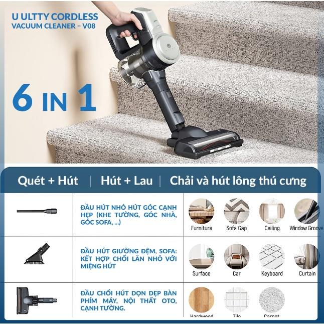 Máy Hút Bụi Lau Nhà Không Dây ULTTY V08, Lực Hút Cực Mạnh, Nhiều Đầu Hút, Pin Bền, Độ Ồn Thấp, Nhập Đức, BH 24 Tháng