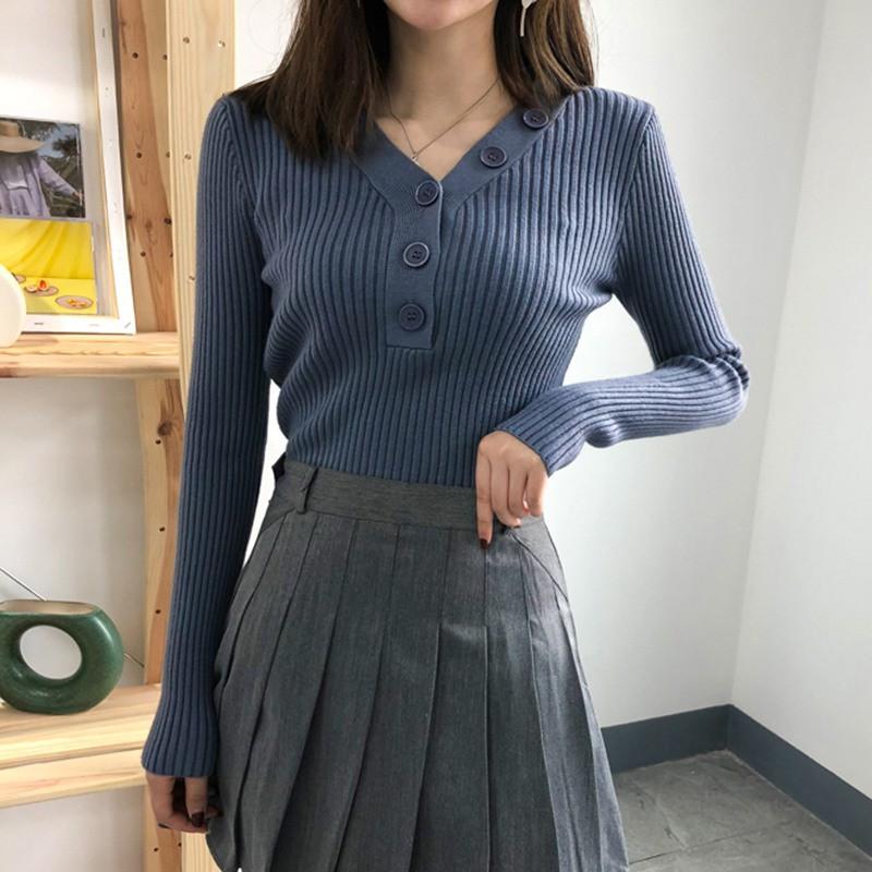 Áo sweater thời trang nữ tay dài cổ chữ V màu trơn