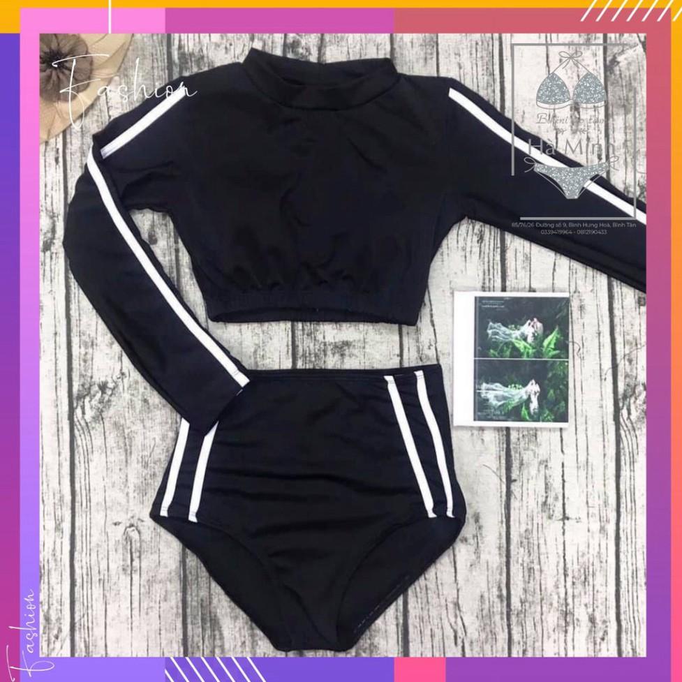 Bikini, Đồ Bơi Đi Biển Hai Mảnh Tay Dài Đen Viền Hai Sọc Trắng Quần Cạp Cao ODERI 09
