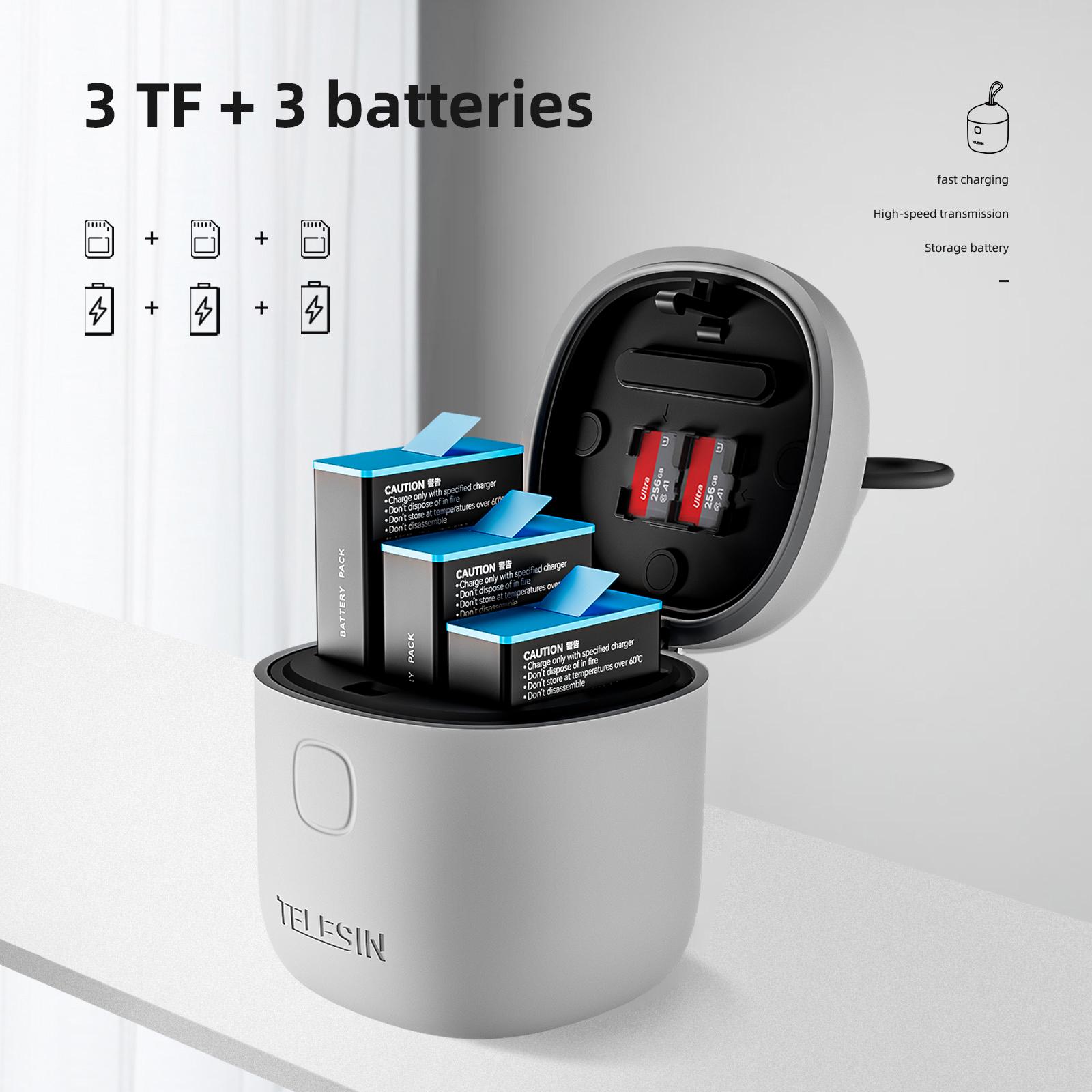 Pin Telesin Sạc Nhanh 3 Khe Lưu Trữ Pin Pin Li-ion 1750MAh Hộp Sạc Cho GoPro Hero 9 10 11 Camera Hành Động