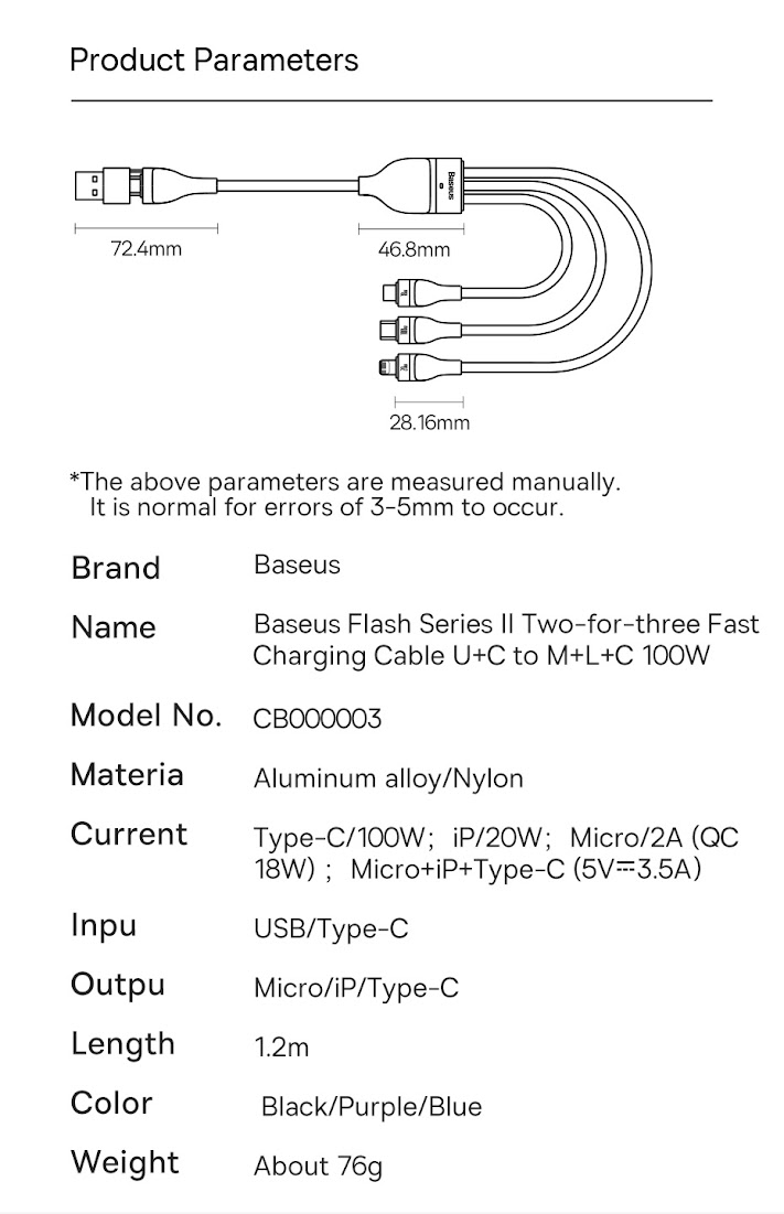 Cáp sạc đa năng 3 đầu 100W C+U ra M+C+i Baseus Two for three Flash Series II (Pro) CB000003 (1.2m) _ Hàng chính hãng