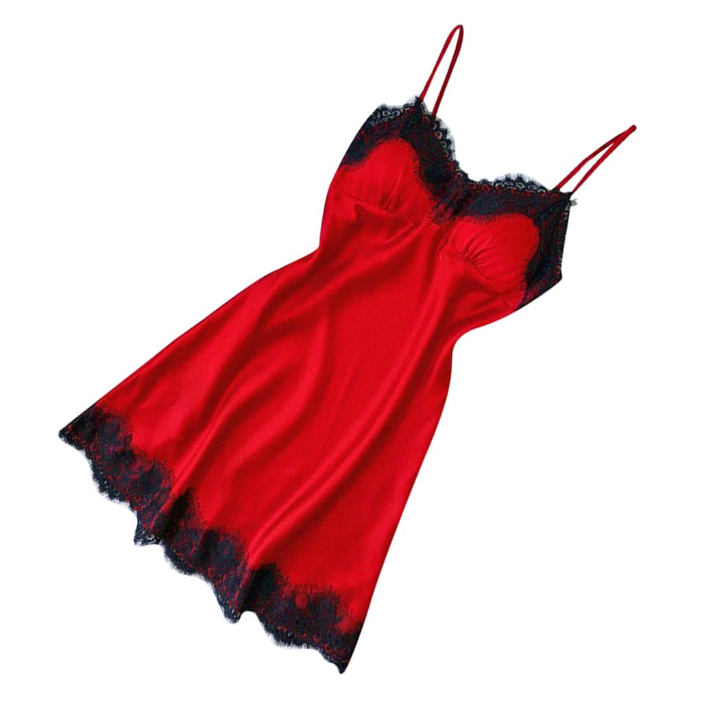 Women  Lace Trim Satin Nightdress Lingerie Sleepwear Night Gown
