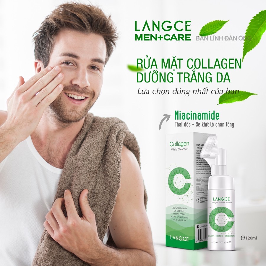 Cọ Rửa Mặt Langce - Collagen Massage Trắng Da ( 120ml Hộp Xanh TẶNG Tẩy Tế Bào Chết Da Mặt Trà Xanh 100ml LANGCE cho Nam